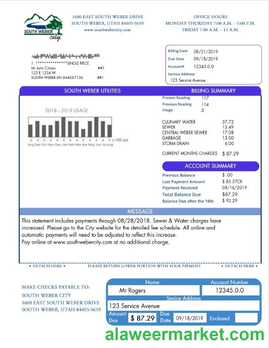 USA South Weber City Utah water utility bill template in Word and PDF format